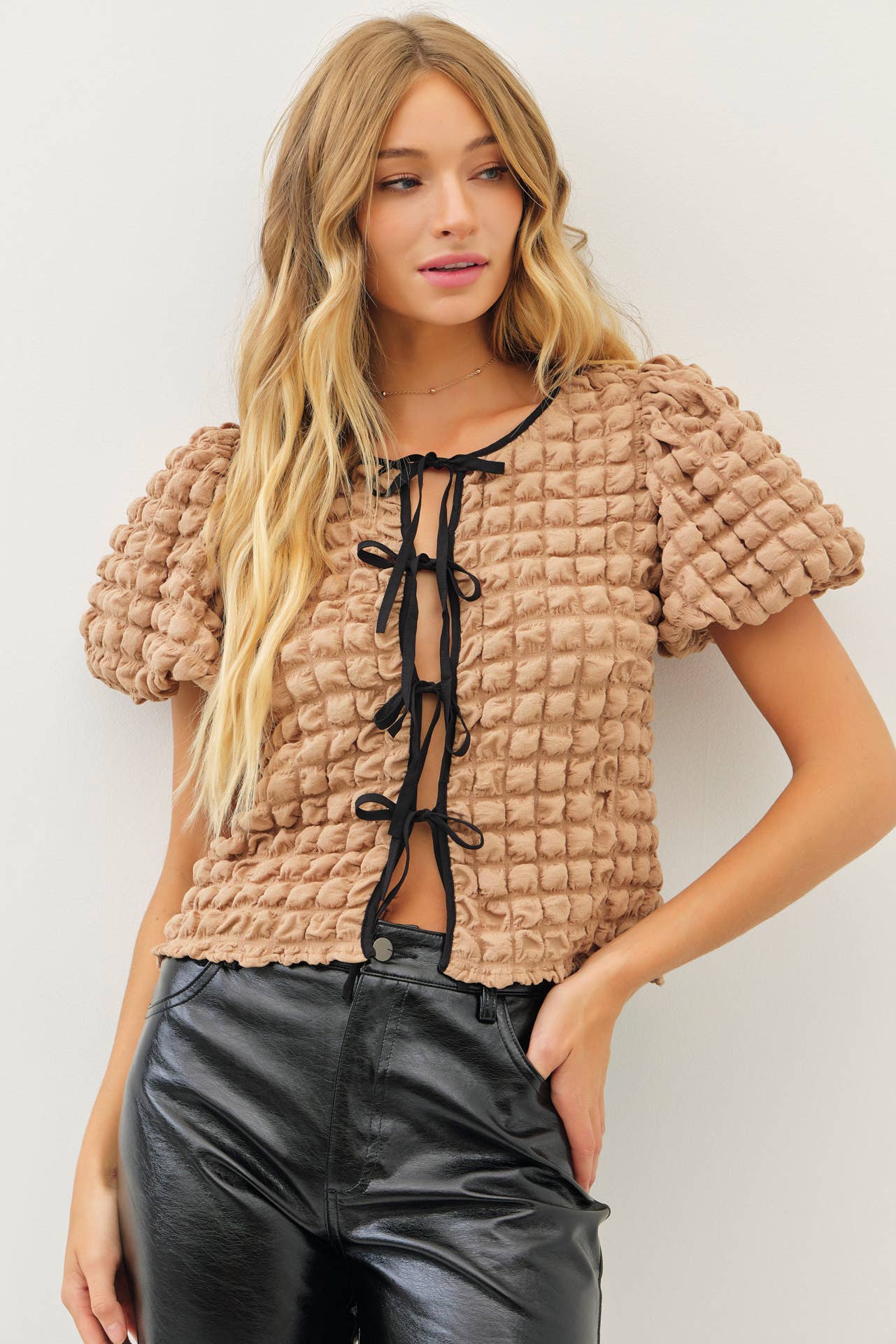 Bubble Textured Top With Contrast Front Tie