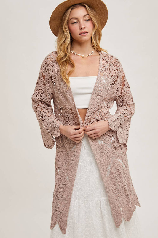 Crochet Open Front Bell Sleeve Cardigan