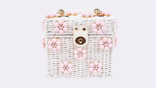 Wicker Bucket Daisy Flower Purse: White + Light Pink Daisy