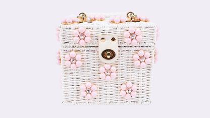 Wicker Bucket Daisy Flower Purse: White + Blue Daisy / Yellow Rhinestone