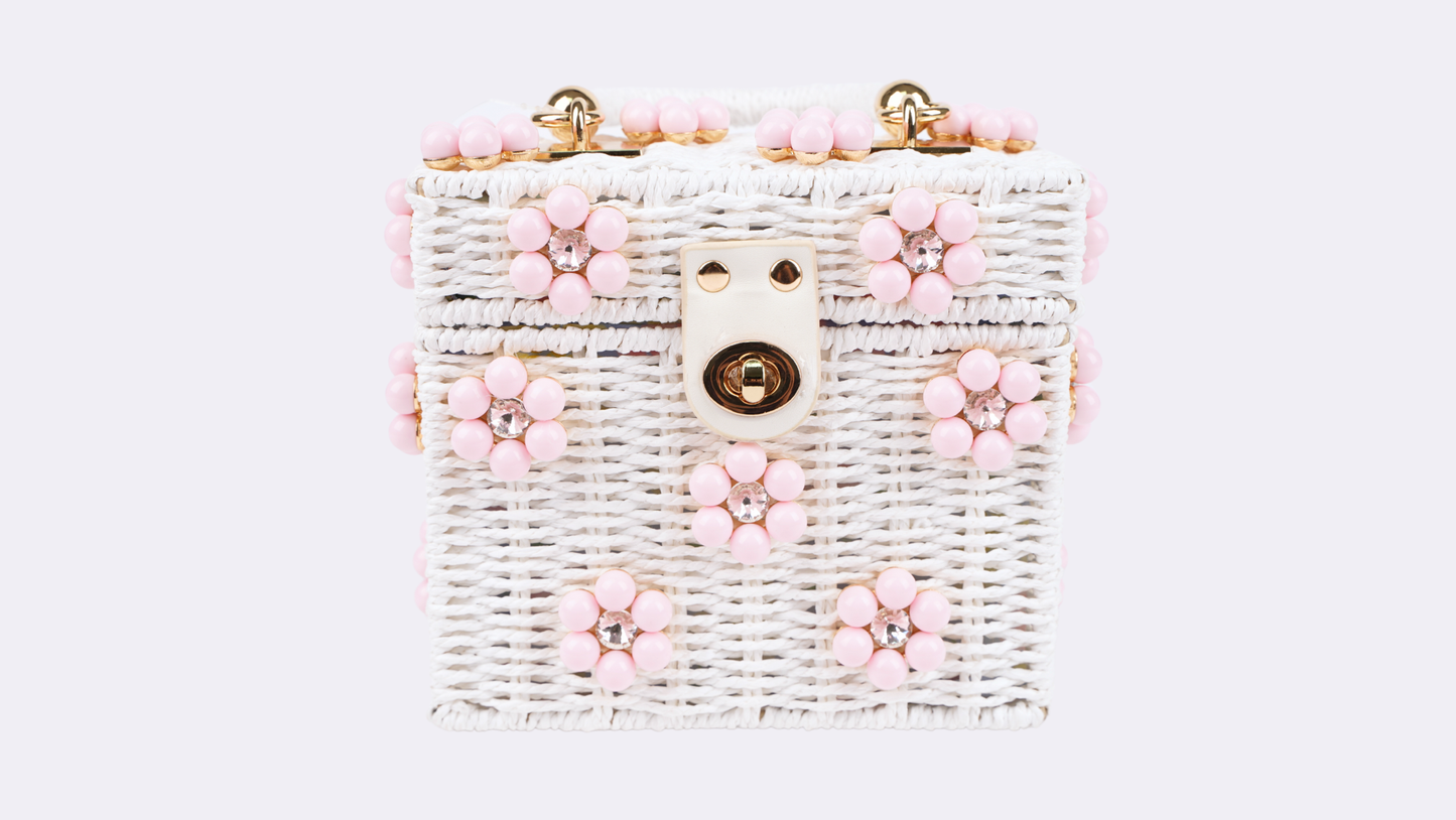 Wicker Bucket Daisy Flower Purse: Cream + Blue Daisy