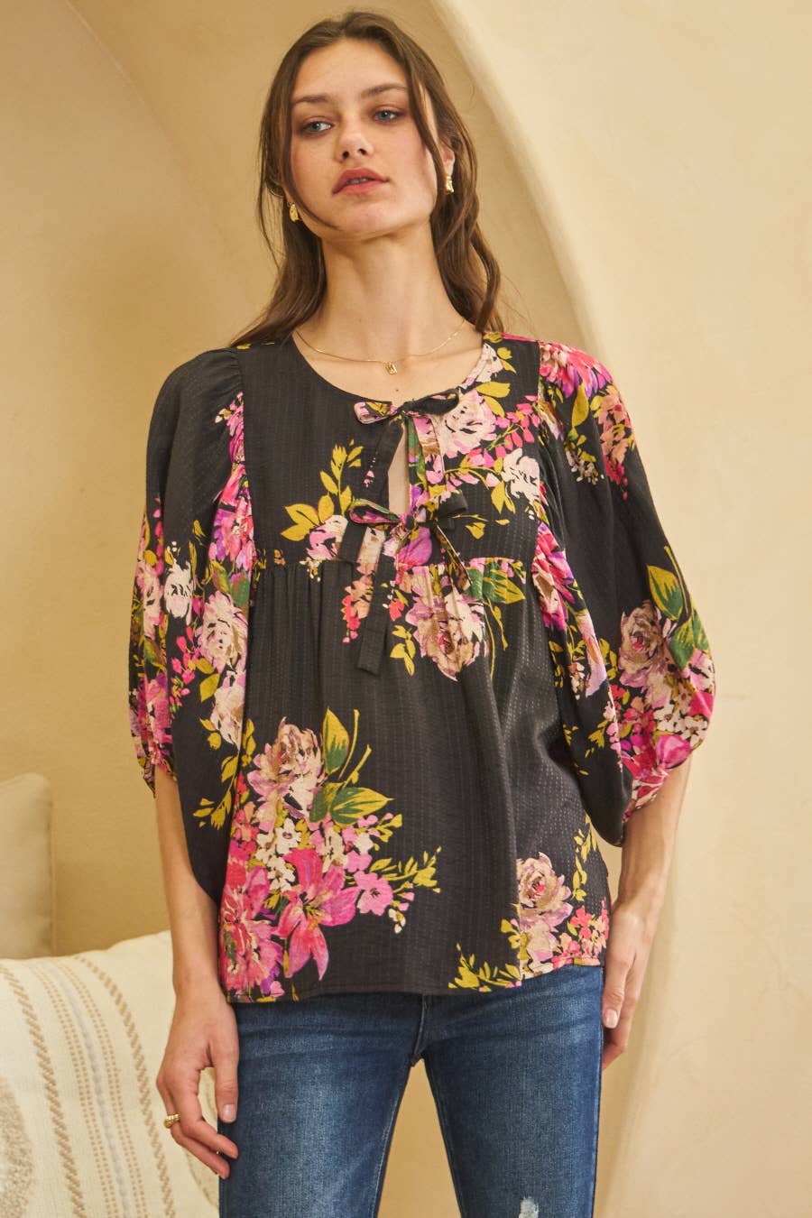 Floral Printed Batwing Sleeve Front Tie Top