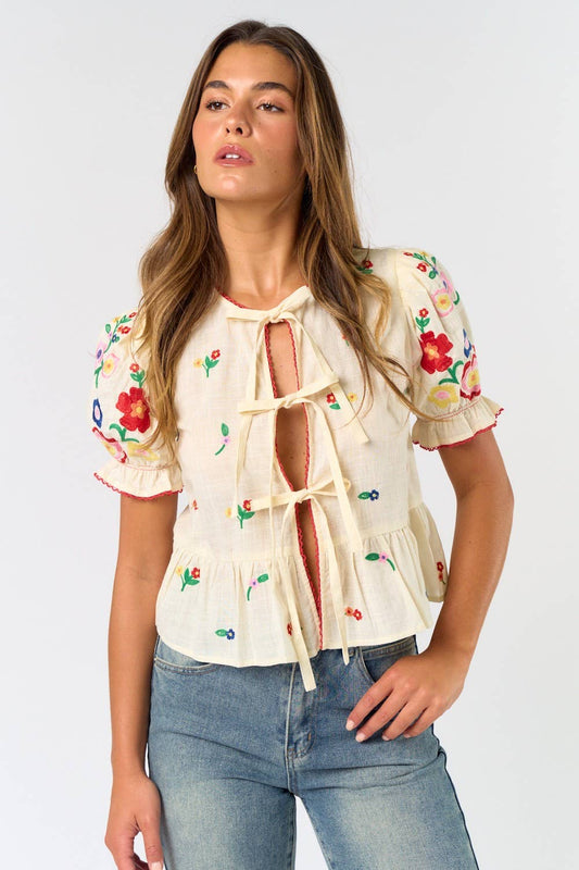 Tie Front Embroidered Short Sleeve