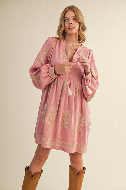 Embroidered Puff Sleeve Mini Dress