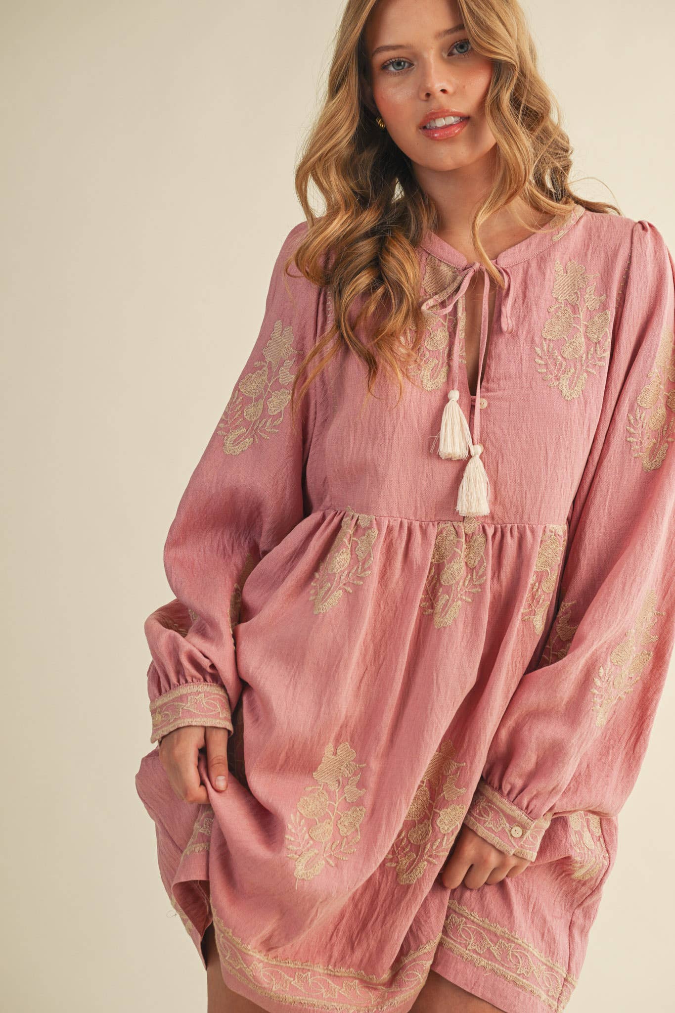 Embroidered Puff Sleeve Mini Dress