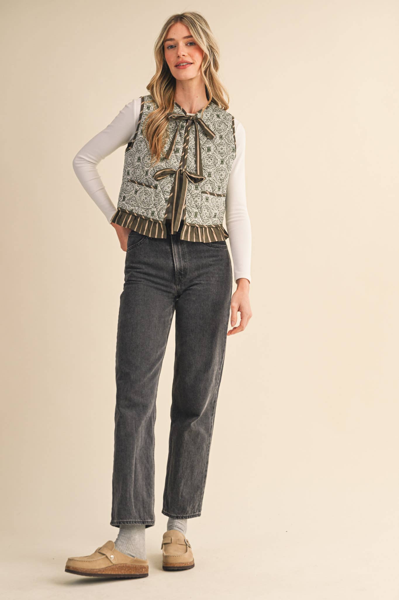 Quilted Block Print Ruffle Vest