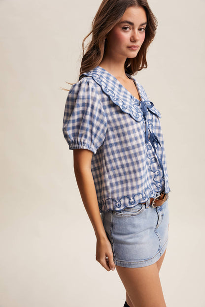 Gingham Embroidered Tie-Front Blouse