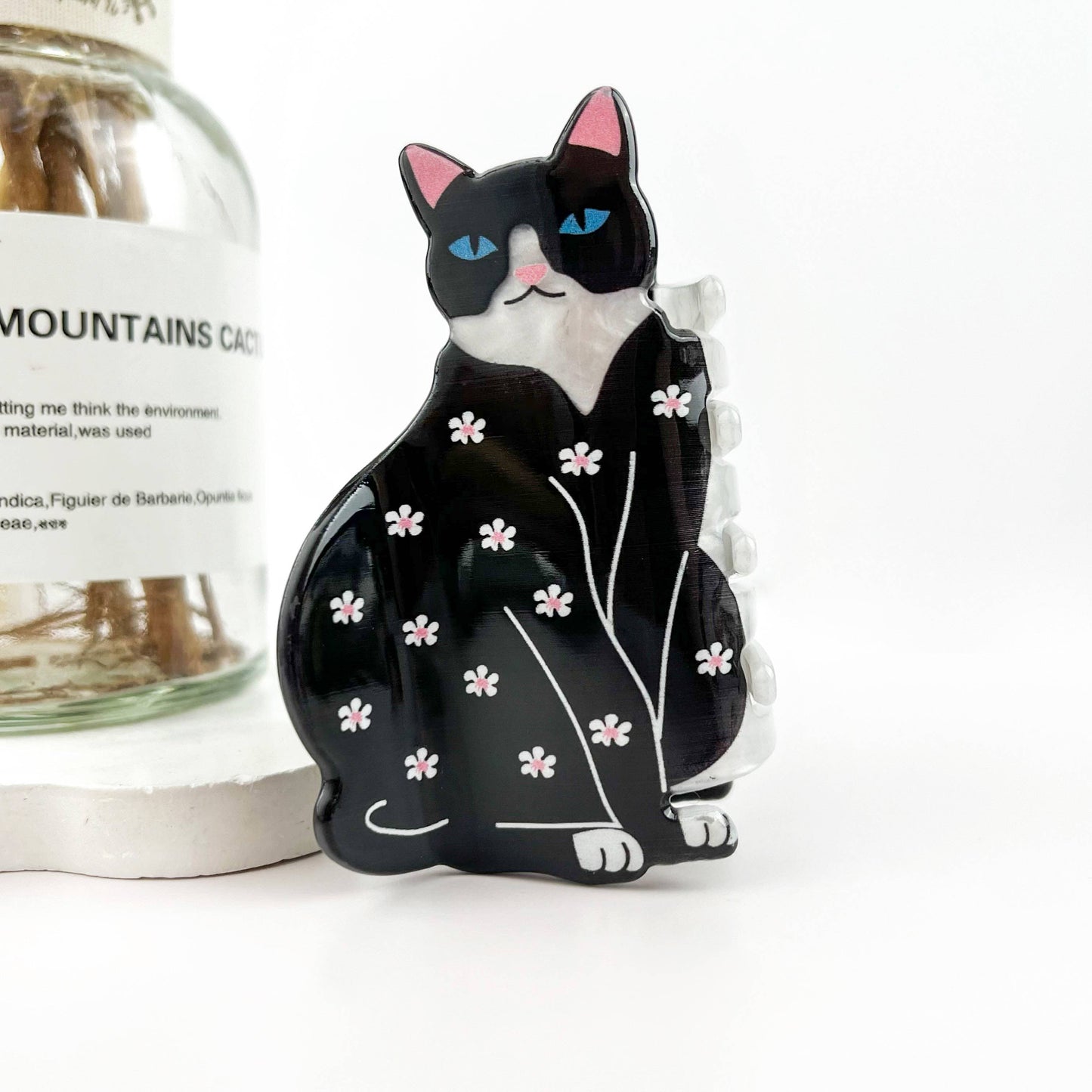 Whimsical Floral Tuxedo Cat Claw Clip