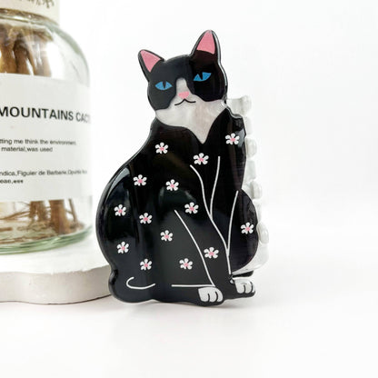 Whimsical Floral Tuxedo Cat Claw Clip