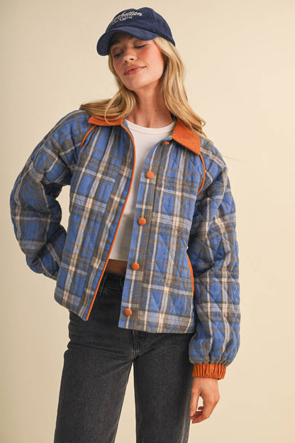 Plaid & Corduroy Contrast Quilted Jacket
