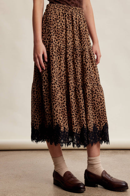 Leopard Lace Trim Tiered Maxi Skirt