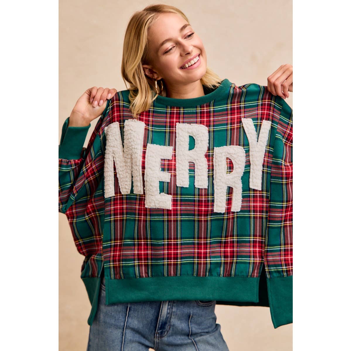 Merry Letter Patches Plaid Sweatshirt