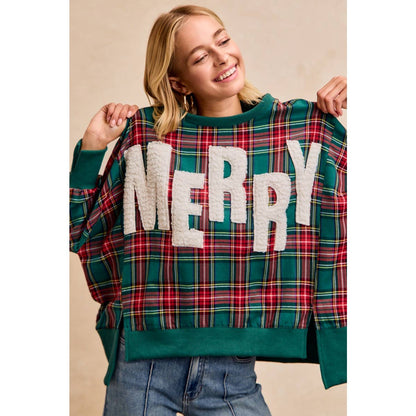 Merry Letter Patches Plaid Sweatshirt