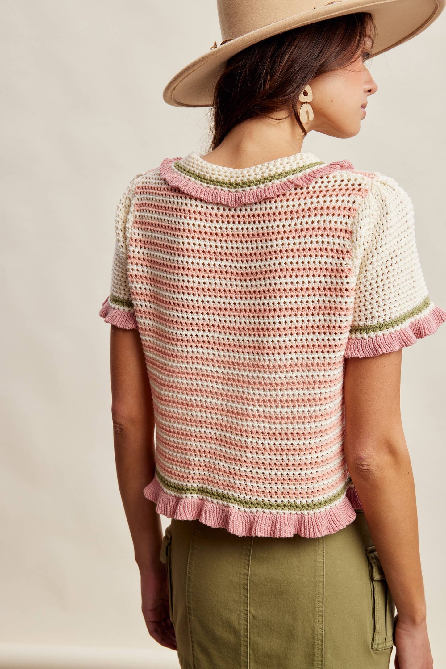Ruffle Trim Crochet Knit Cardigan Top