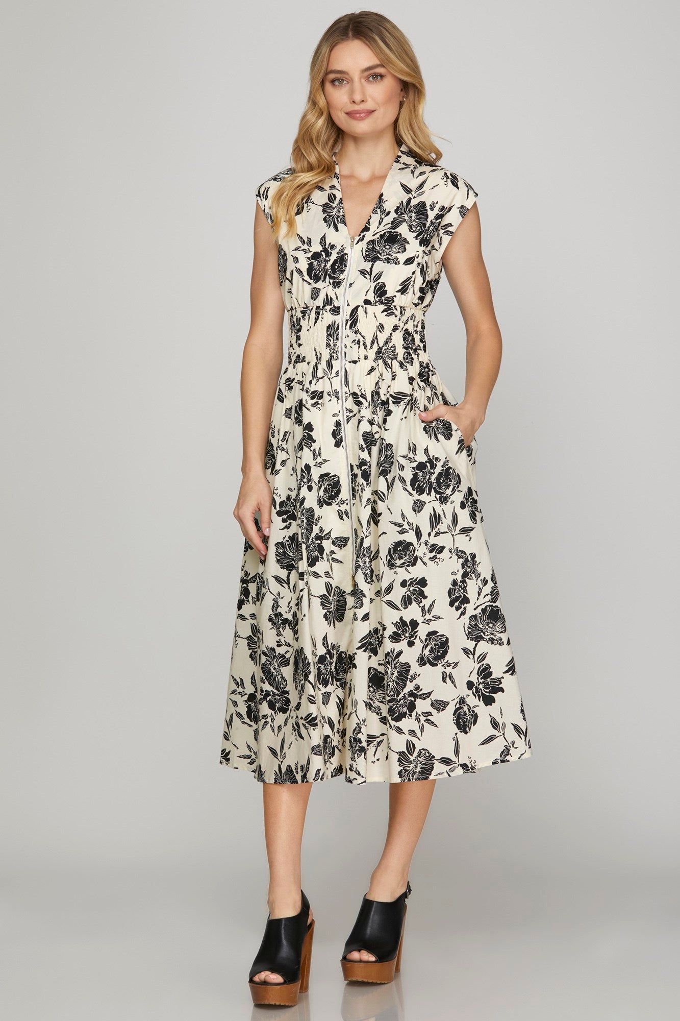 Drop Shoulder Smocked Waist Printed Midi Dress