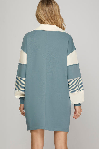 Color Block Sleeve V Neck French Terry Dress