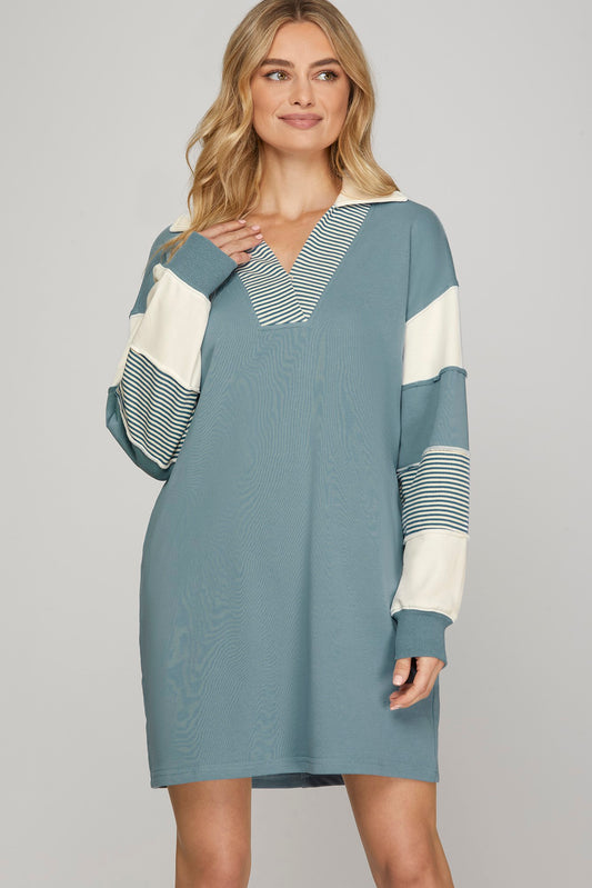 Color Block Sleeve V Neck French Terry Dress