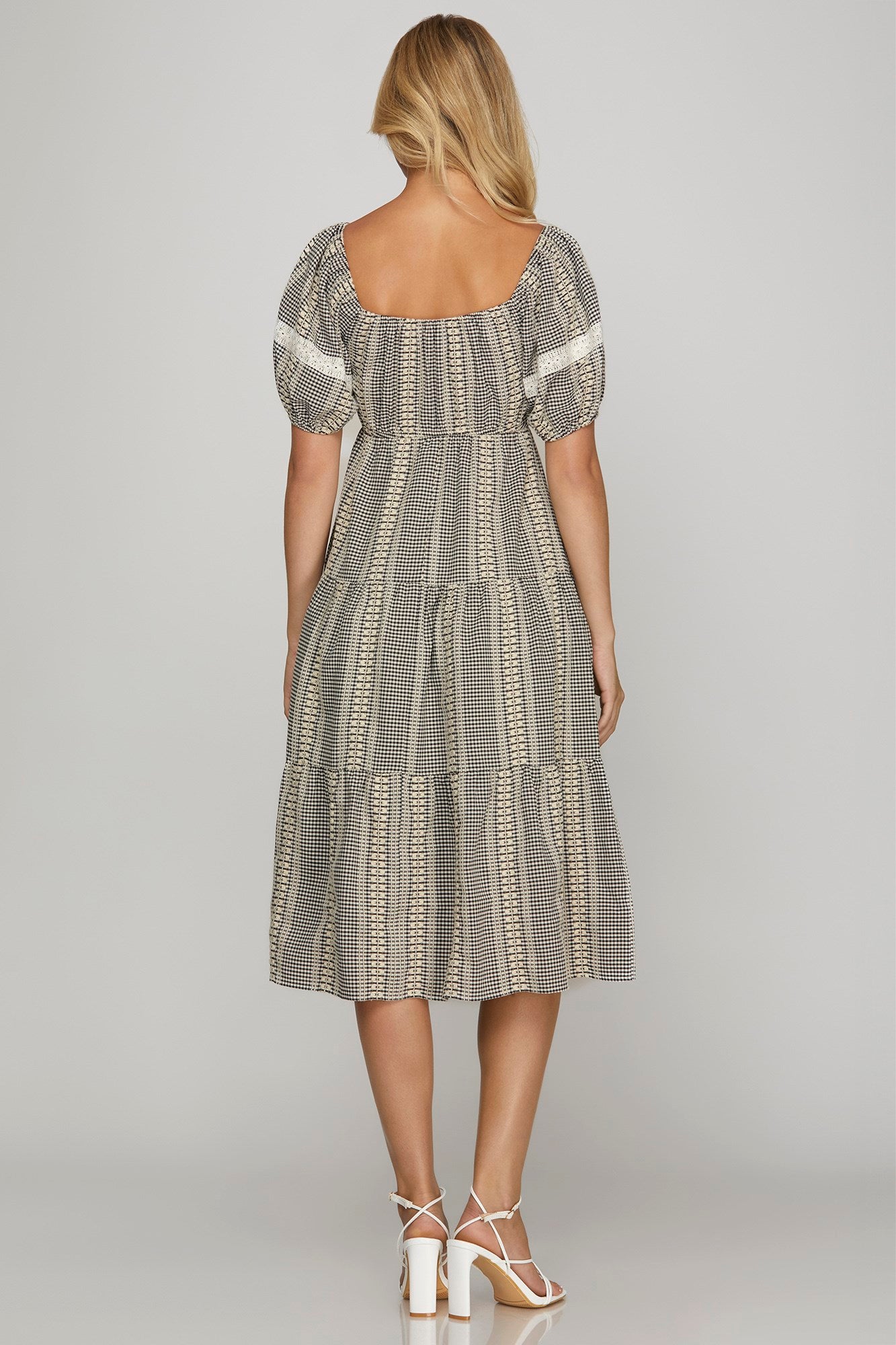 Short Sleeve Embroidered Gingham Tiered Midi Dress