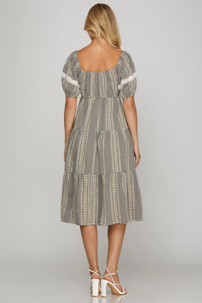 Short Sleeve Embroidered Gingham Tiered Midi Dress