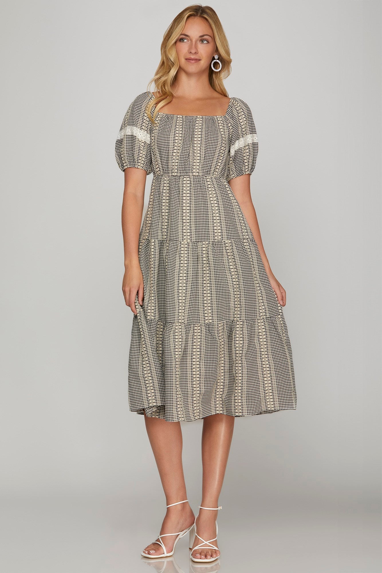 Short Sleeve Embroidered Gingham Tiered Midi Dress