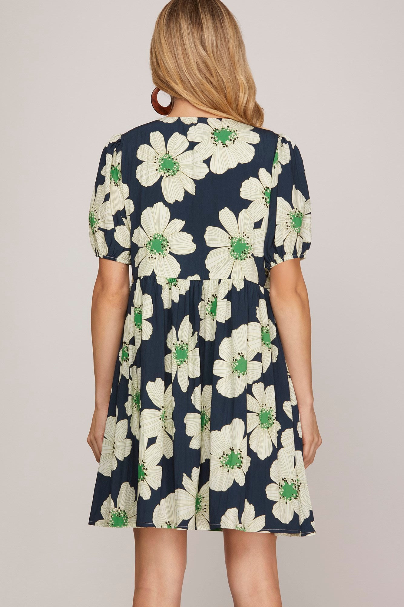 Short Puff Sleeve Woven Floral Dress With Front Bow