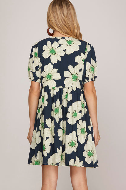 Short Puff Sleeve Woven Floral Dress With Front Bow