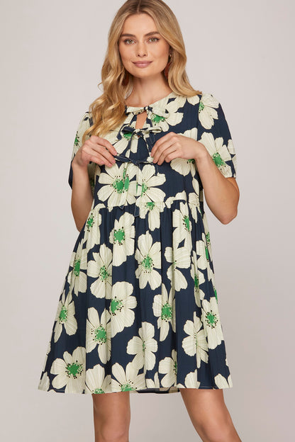 Short Puff Sleeve Woven Floral Dress With Front Bow