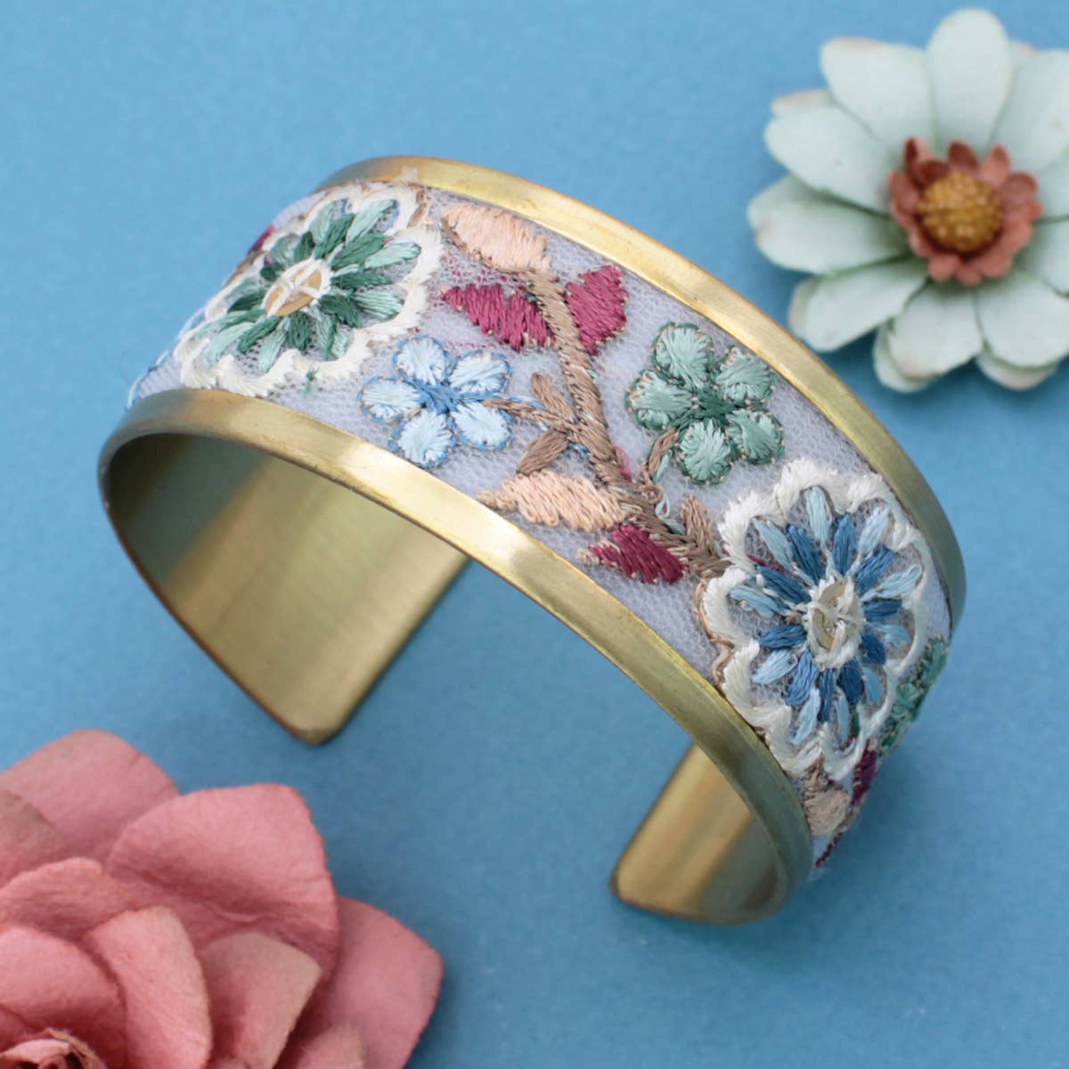 Pastel Flowers Embroidered Cuff Bracelet