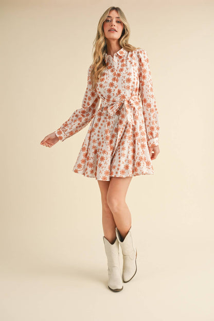 Floral Embroidery Button Down Flared Mini Dress