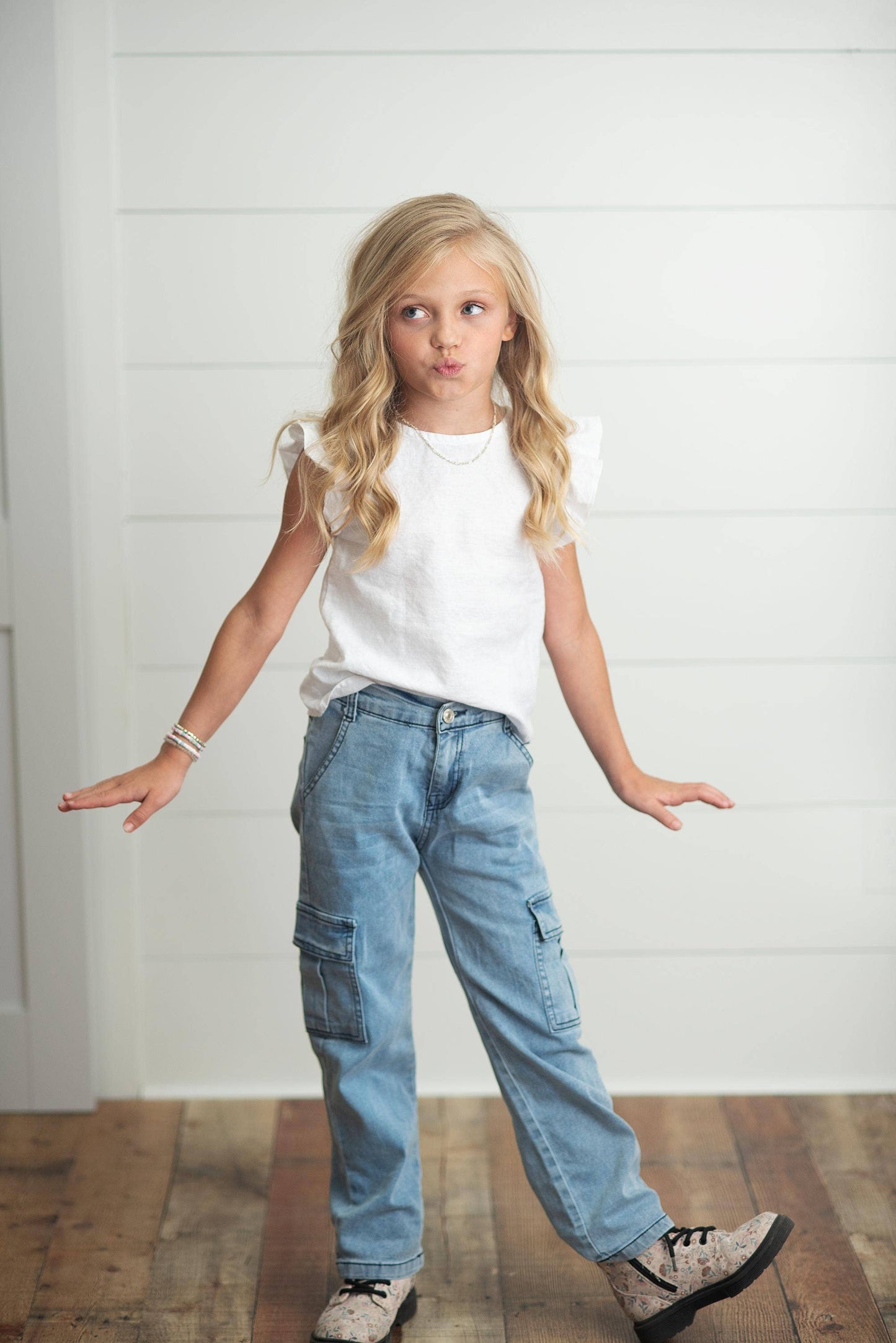 Kids Light Wash Faded Denim Cargo Pant With Pockets