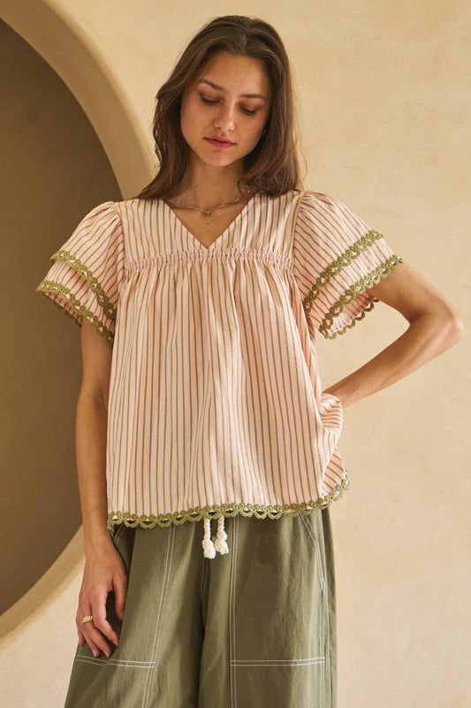 Textured Striped Fabric Flutter Sleeve Top