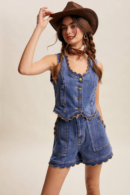 Scallop Button-Side Denim Shorts
