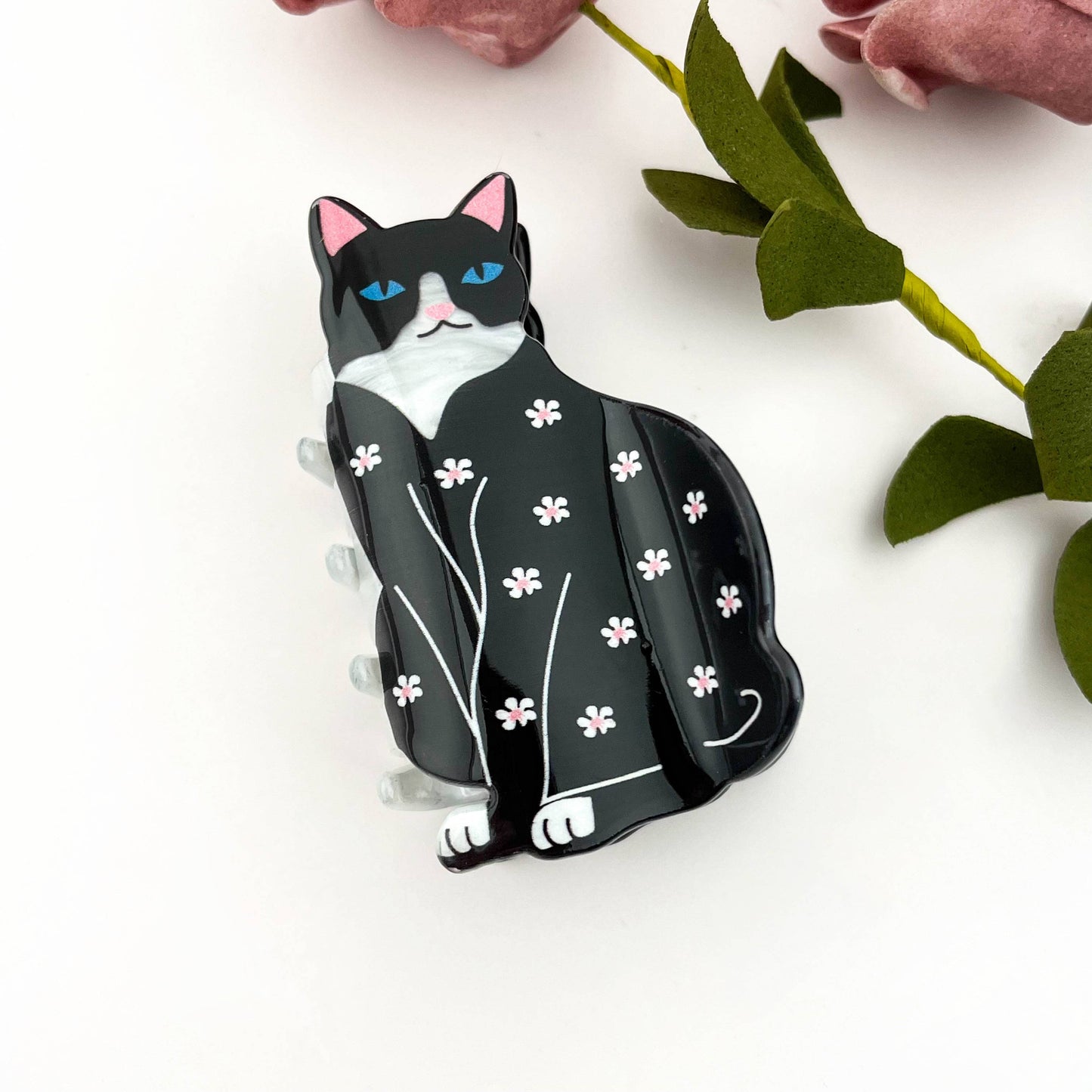 Whimsical Floral Tuxedo Cat Claw Clip