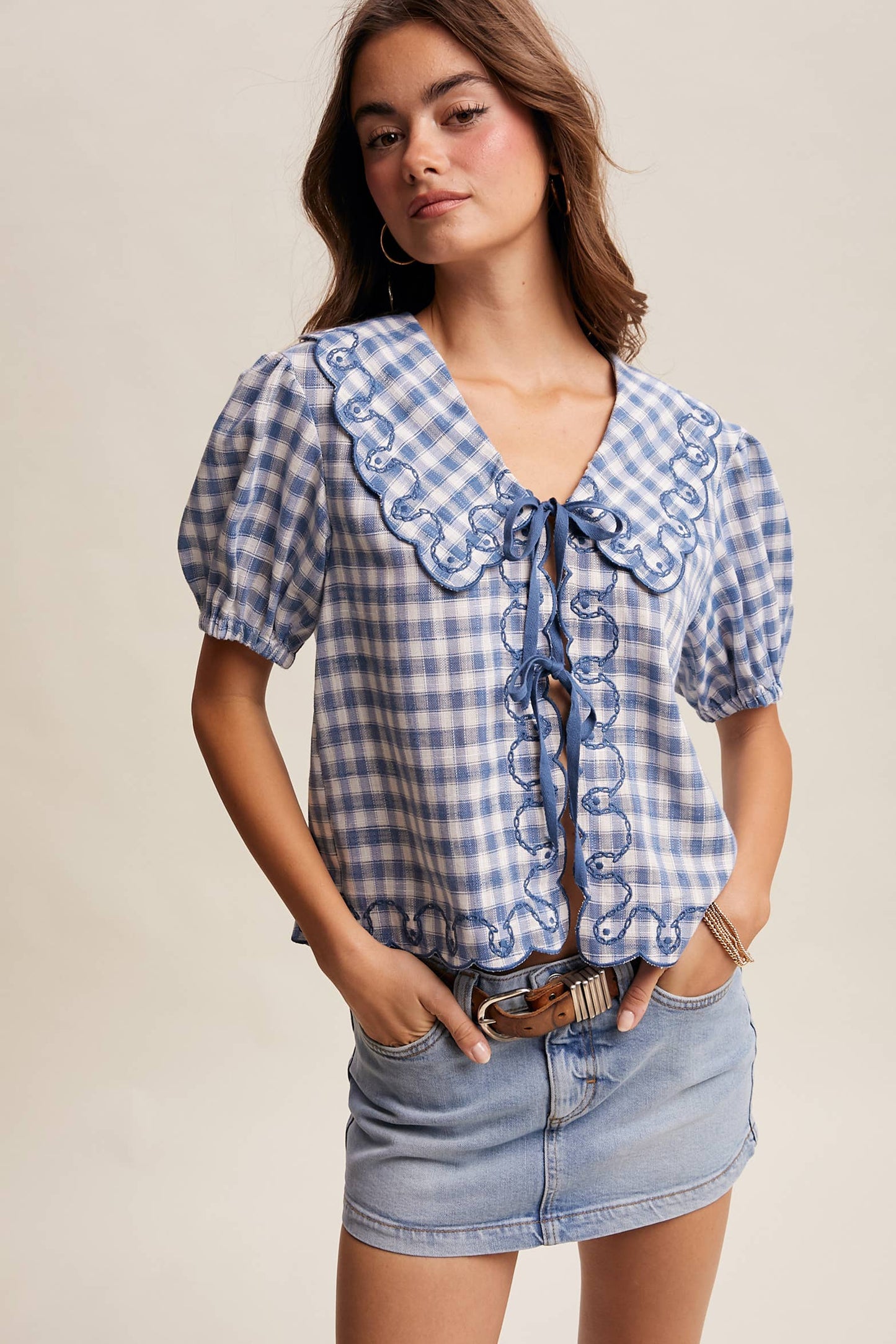 Gingham Embroidered Tie-Front Blouse