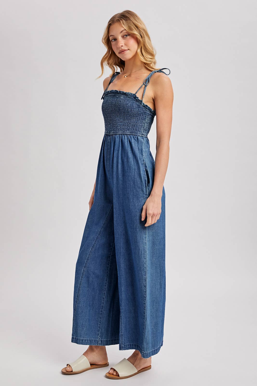 Denim Smocked Jumpsuit