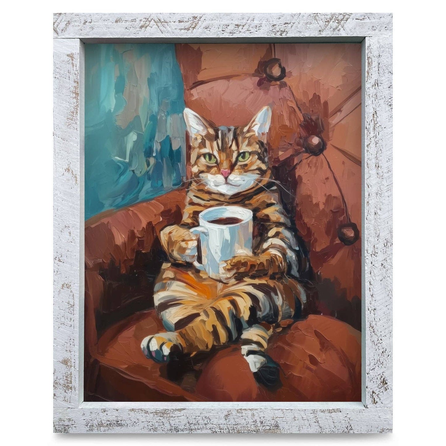 Cute Coffee Cat Wood Framed Wall Art
