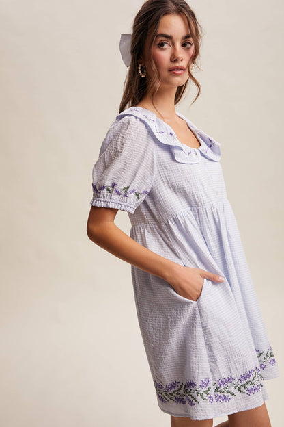 Embroidered Ruffle Collar Textured Gingham Dress