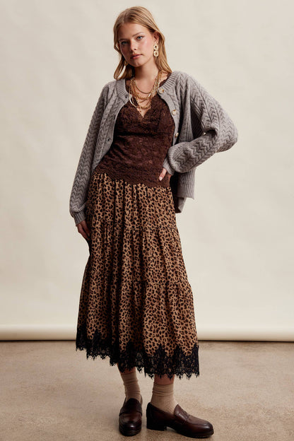 Leopard Lace Trim Tiered Maxi Skirt