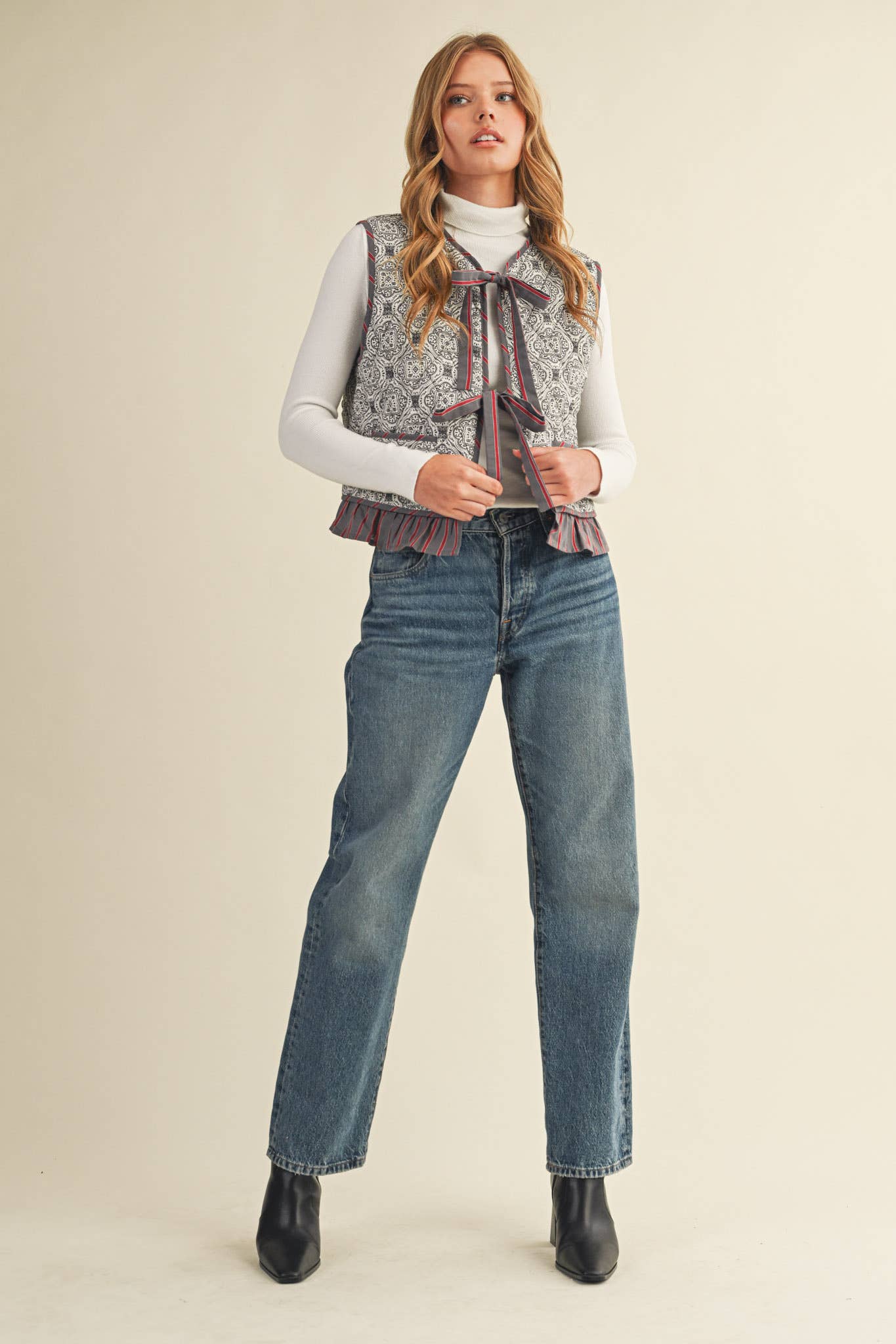 Quilted Block Print Ruffle Vest