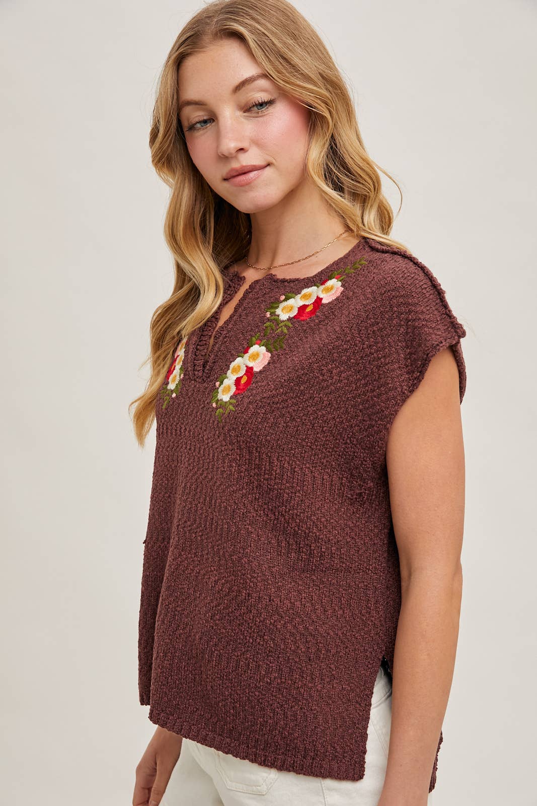 Embroidered Notch Neck Knit Top