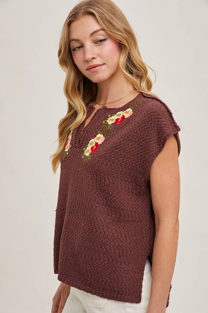 Embroidered Notch Neck Knit Top