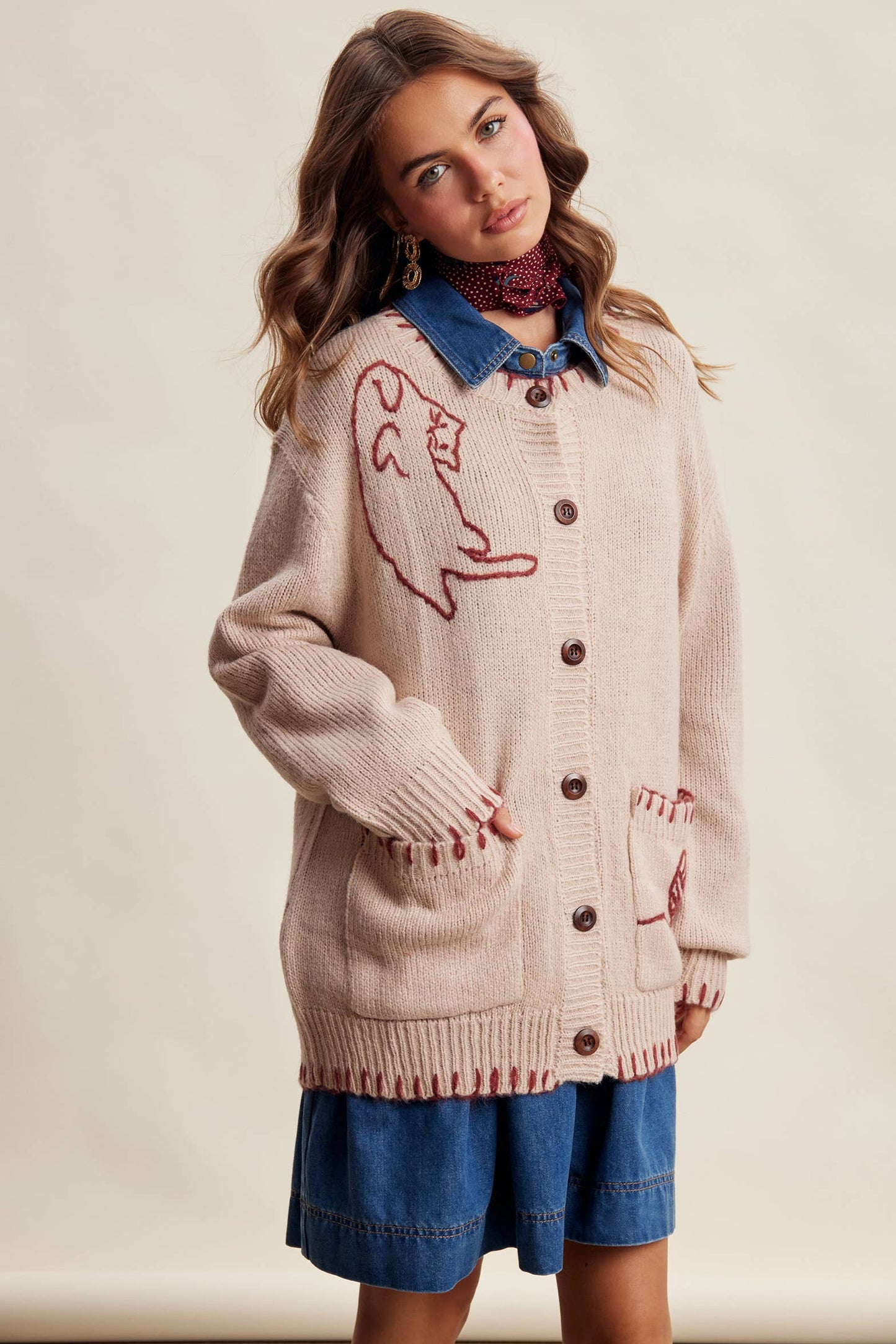 Whimsical Cat Knit Cardigan