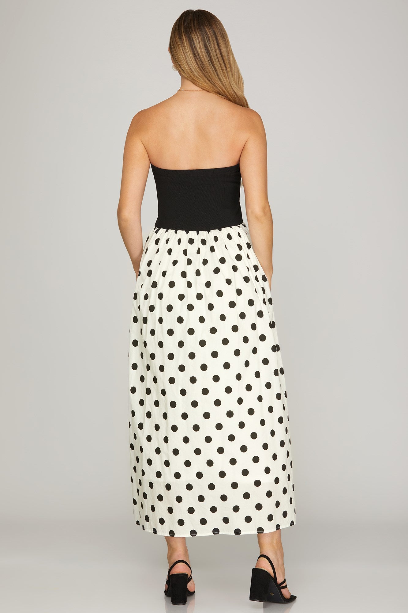 Strapless Polka Dot Print Tube Midi Dress