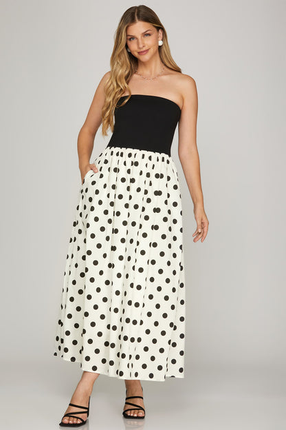 Strapless Polka Dot Print Tube Midi Dress