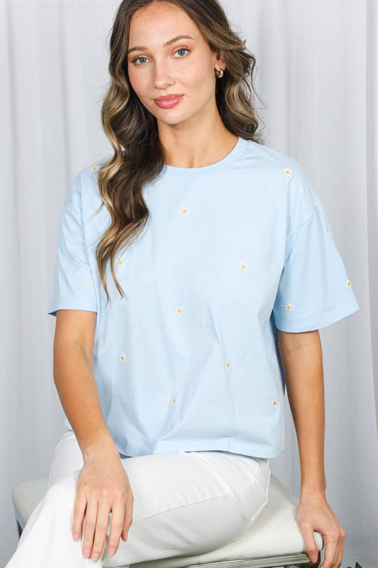Floral Embroidered Crew Neck Tee