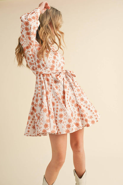 Floral Embroidery Button Down Flared Mini Dress