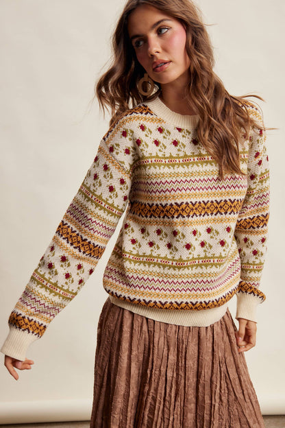 Fair Isle Floral Knit Sweater