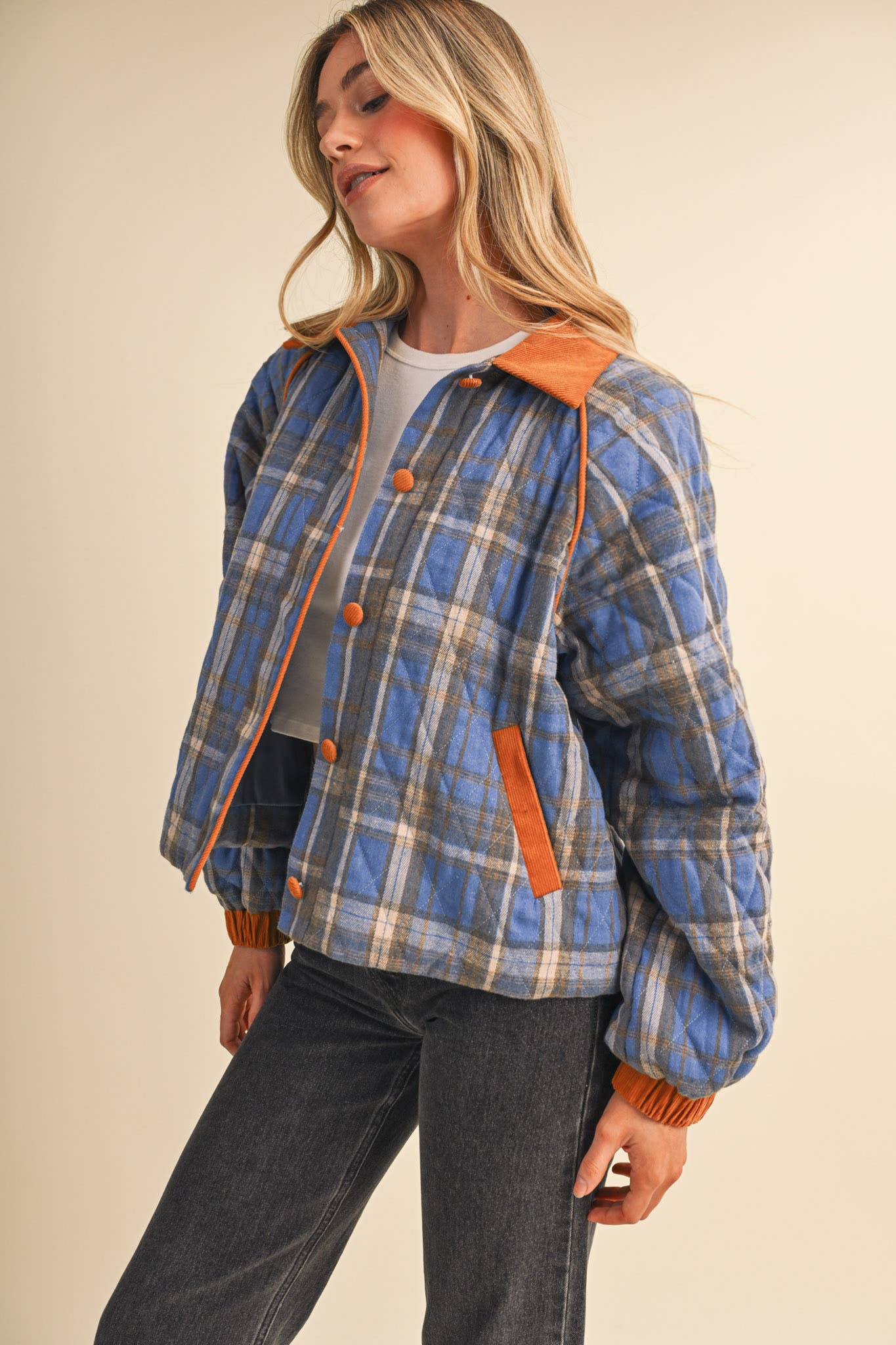Plaid & Corduroy Contrast Quilted Jacket