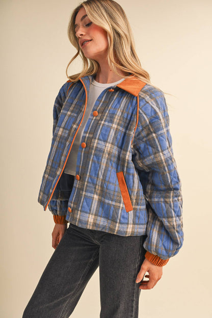 Plaid & Corduroy Contrast Quilted Jacket