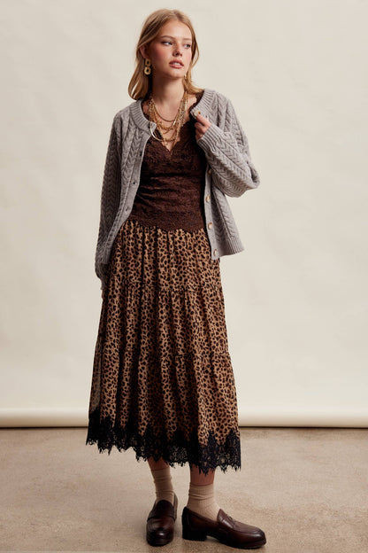 Leopard Lace Trim Tiered Maxi Skirt